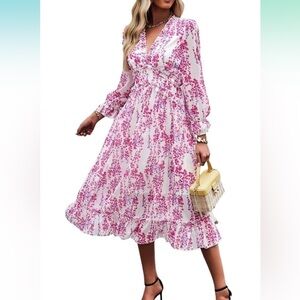 [US8]Seasty WMN Midi Dress L/S Floral Frill Trim Flounce Sleeve Ruffle Hem Dress